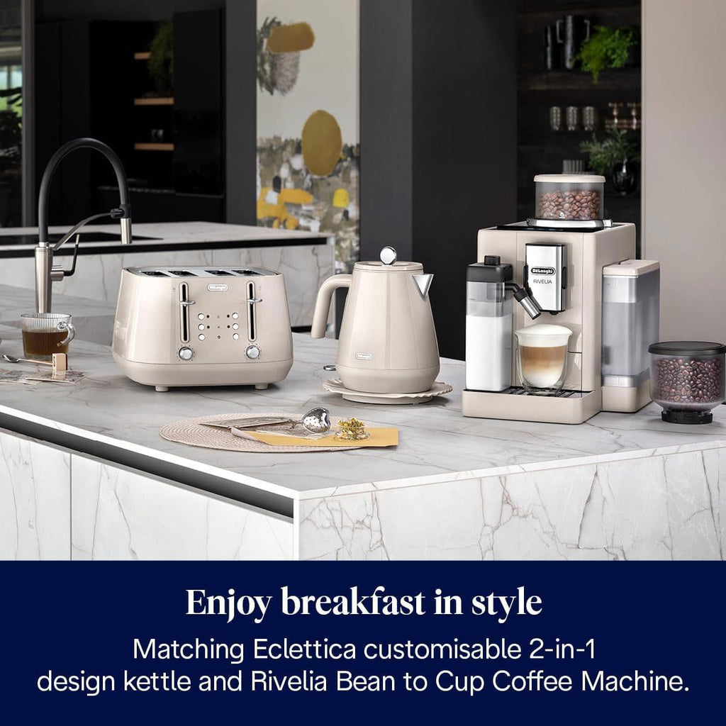 Delonghi Eclettica 4 Slice Toaster With Reheat And Defrost Functions Control Panels Browning Levels Pull Crumbs Trays Stainless Steel 1800W Biscuit Beige