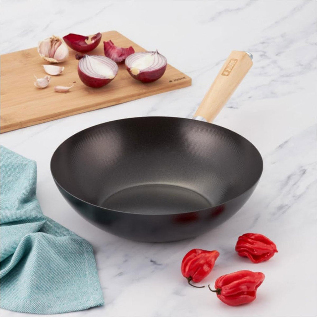 Judge Essentials Stir Fry Wok 26cm Non Stick Carbon Steel Stay Cool Wooden Handle Black