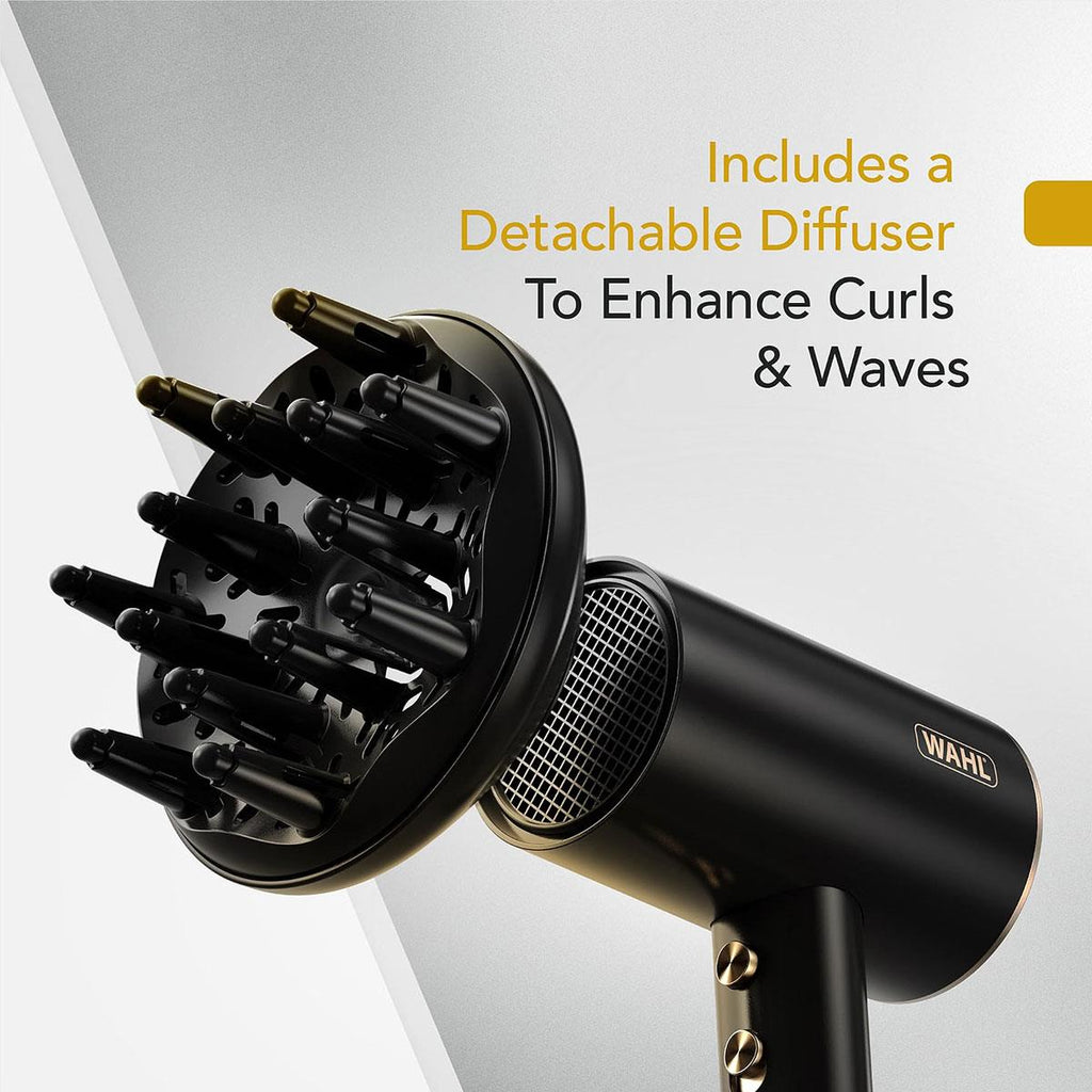 Wahl Ionic Flow Hairdryer Professional Drying Frizz-Free Cold Shot Heat Concentrating Diffuser Styling Compact Travel Powerful Fast Speed 2100W Black