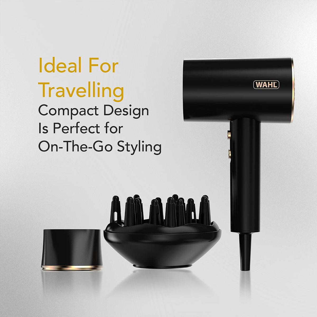 Wahl Ionic Flow Hairdryer Professional Drying Frizz-Free Cold Shot Heat Concentrating Diffuser Styling Compact Travel Powerful Fast Speed 2100W Black