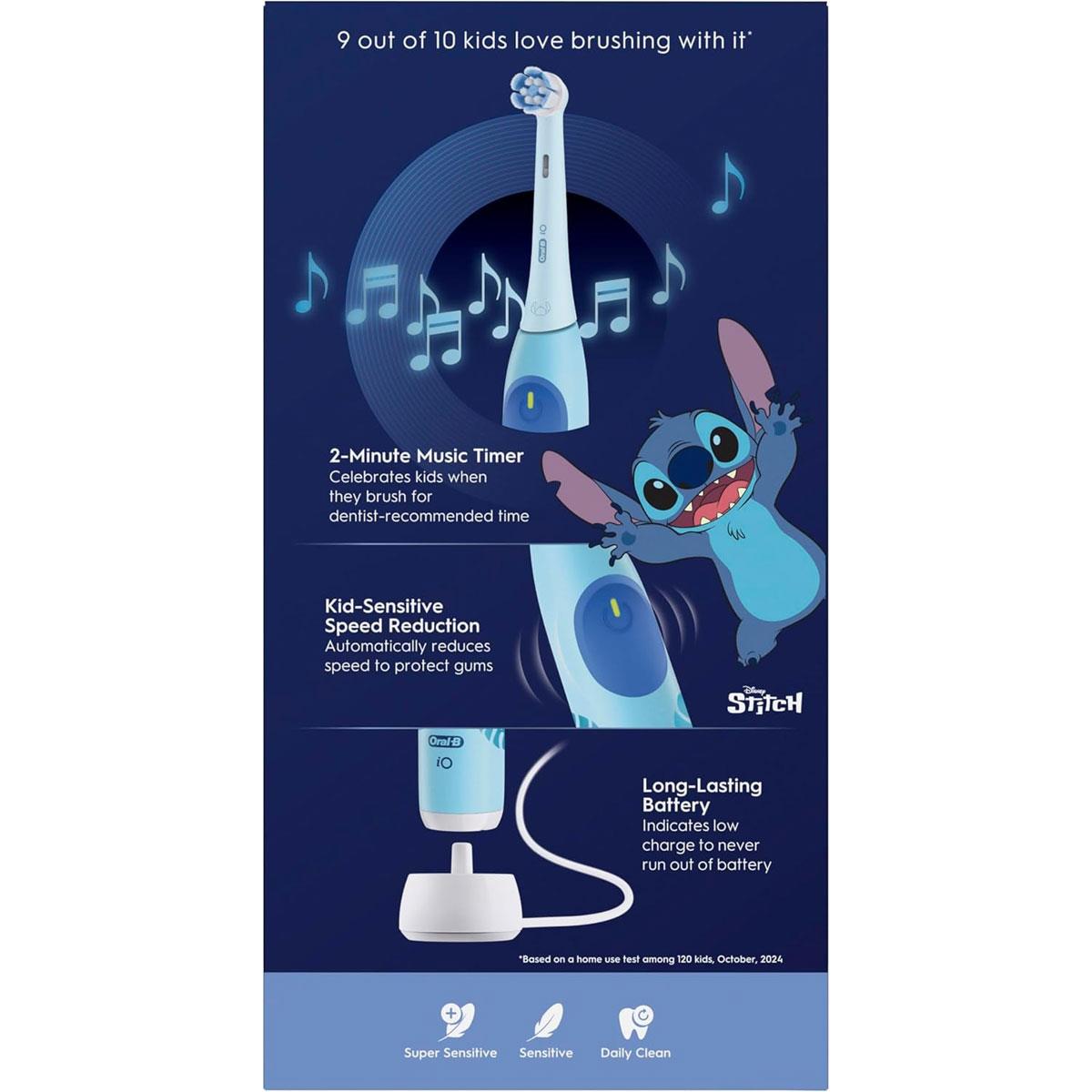 Oral-B iO Kids Disney Stitch Electric Toothbrush 1 Toothbrush Head 1 Travel Case 3 Modes With Kid-Friendly Sensitive Mode Ages 6+ Light Blue