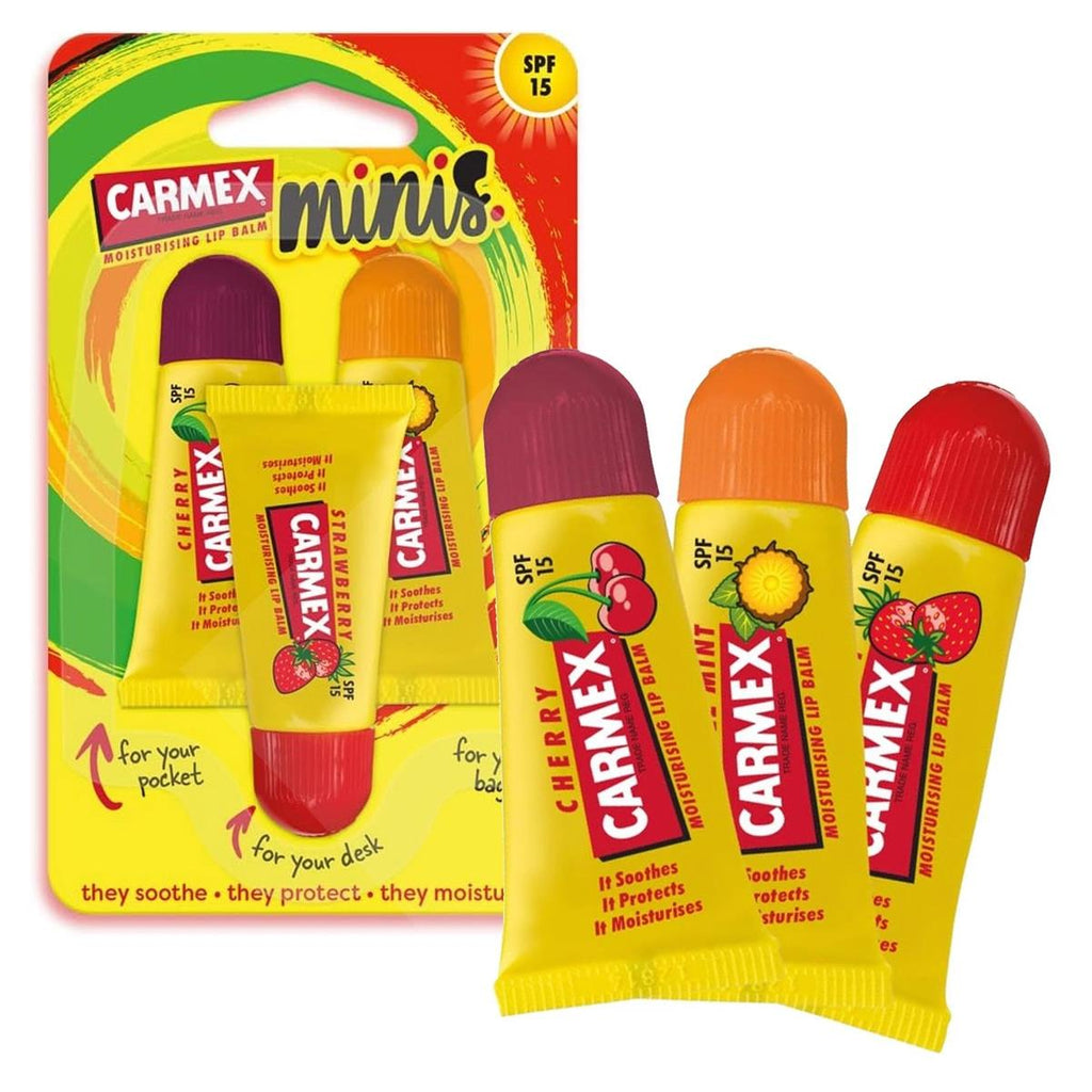 Carmex Minis Lip Balm Tube Set Cherry Strawberry And Pineapple Mint 3 Pack With SPF 15 For Sun Protection Hydrating Lip Care Tube
