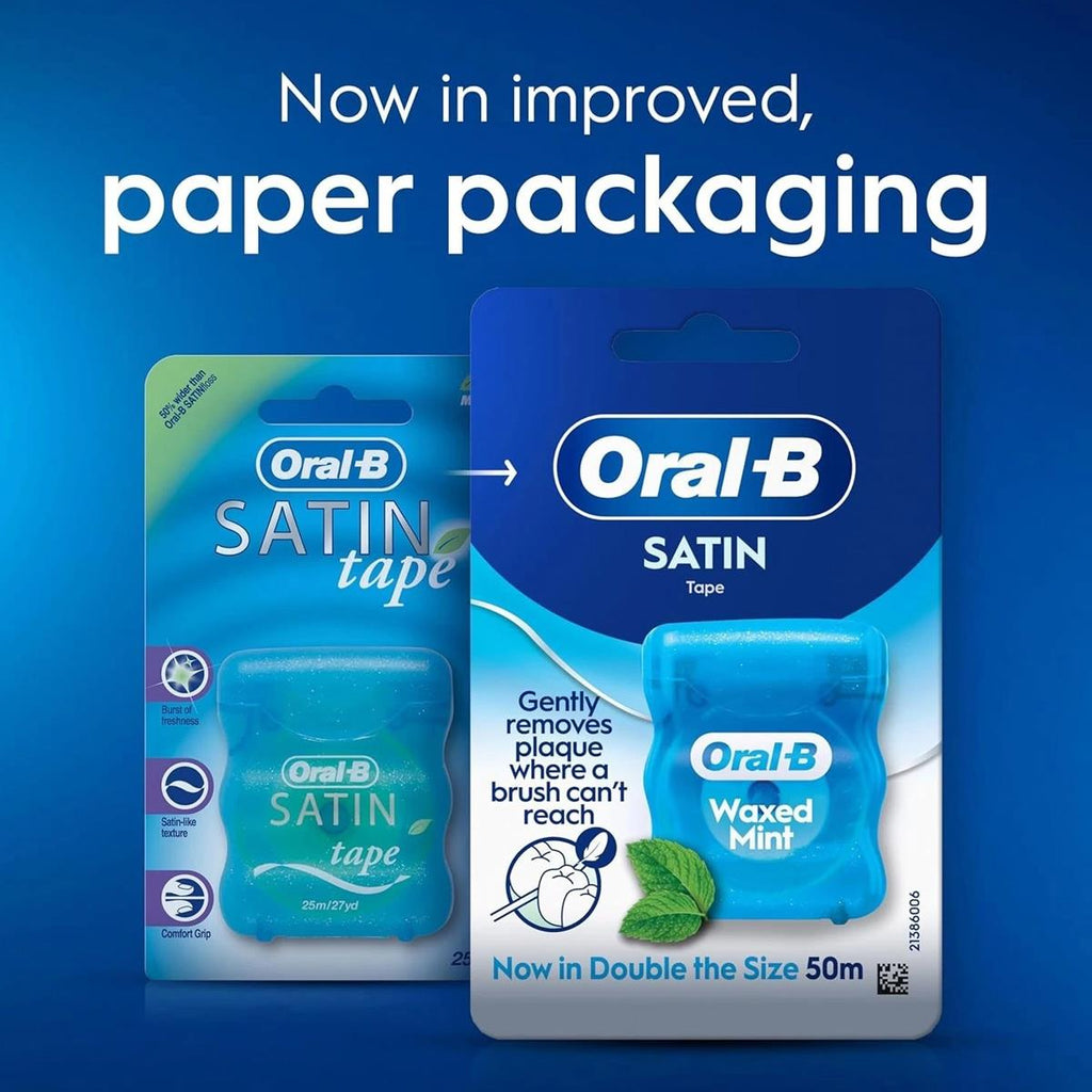 Oral-B Satin Tape Floss Removes Plaque Waxed Dental Floss For Tight Spaces Fresh Clean Feeling Mint Flavour 50m Roll