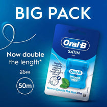 Oral-B Satin Tape Floss Removes Plaque Waxed Dental Floss For Tight Spaces Fresh Clean Feeling Mint Flavour 50m Roll