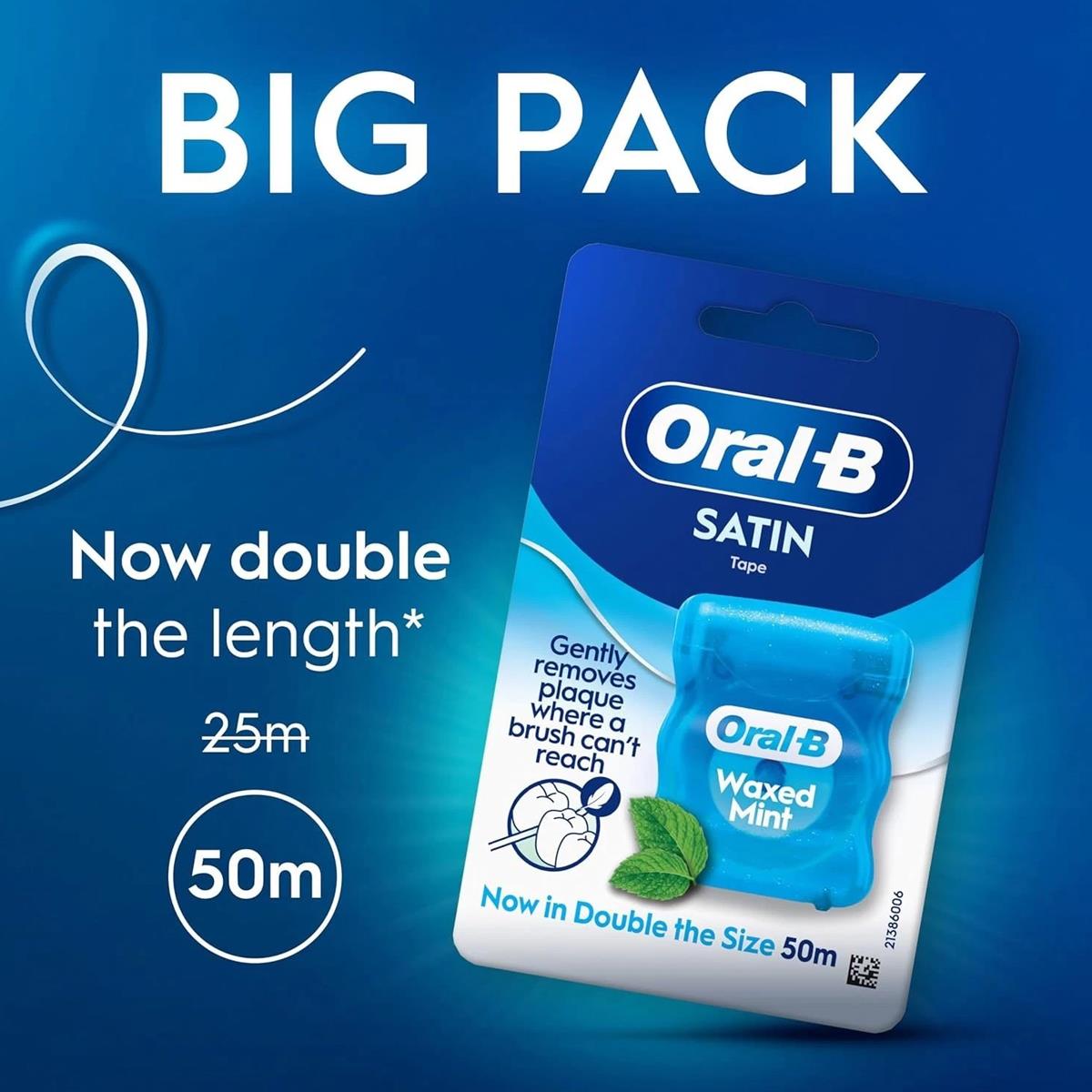 Oral-B Satin Tape Floss Removes Plaque Waxed Dental Floss For Tight Spaces Fresh Clean Feeling Mint Flavour 50m Roll