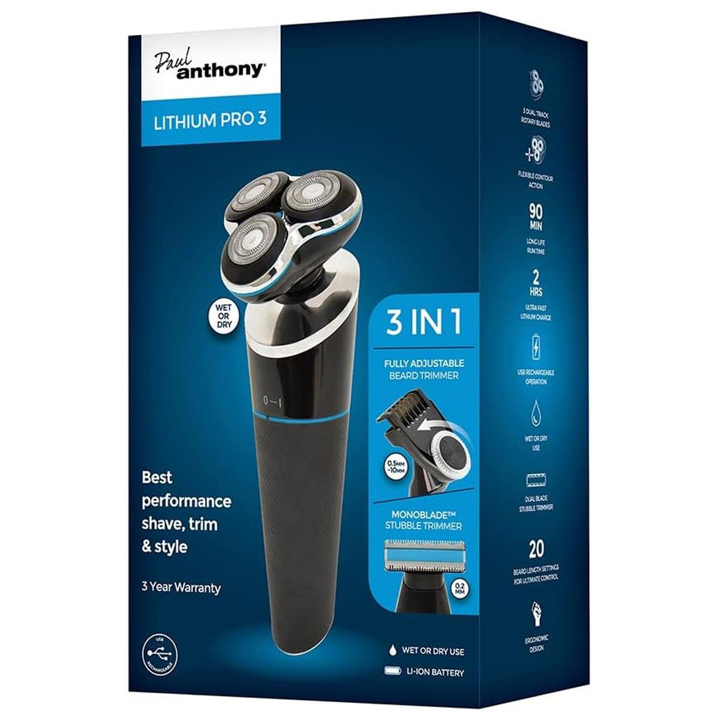 Lloytron Paul Anthony Lithium Pro 3 USB Wet & Dry Rotary Shaver With Beard Trimmer Black