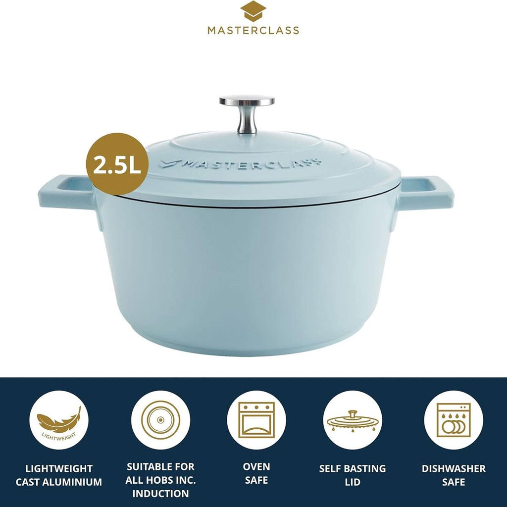 MasterClass Casserole Dish With Lid Cast Aluminium Small 20cm/2.5 Litres Sky Blue