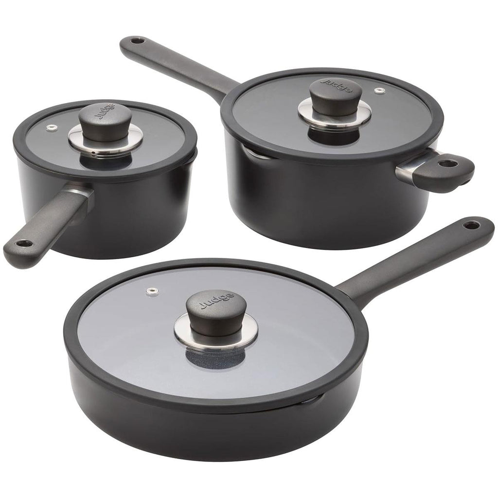 Judge Vista Ceramic Draining Cookware Set 16cm And 20cm Draining Pans 24cm Fry Pan With Glass Lids 3 Piece Black