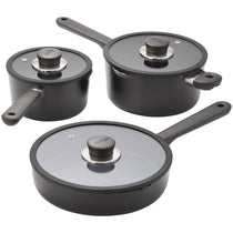 Judge Vista Ceramic Draining Cookware Set 16cm And 20cm Draining Pans 24cm Fry Pan With Glass Lids 3 Piece Black