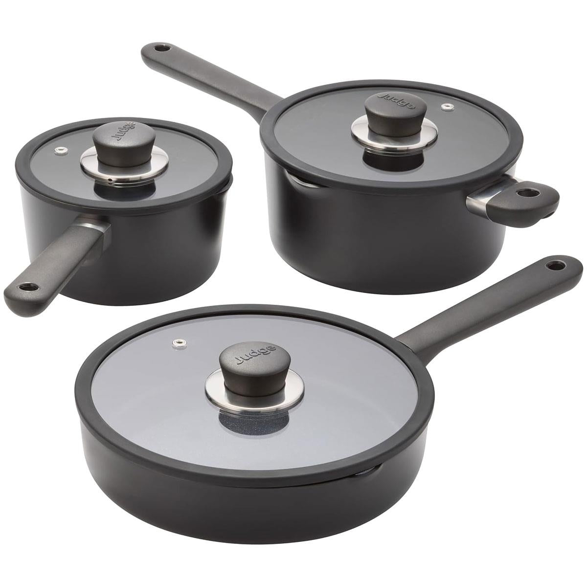 Judge Vista Ceramic Draining Cookware Set 16cm And 20cm Draining Pans 24cm Fry Pan With Glass Lids 3 Piece Black