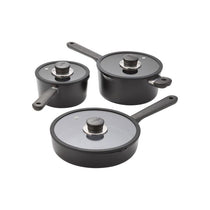 Judge Vista Ceramic Draining Cookware Set 16cm And 20cm Draining Pans 24cm Fry Pan With Glass Lids 3 Piece Black