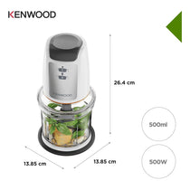 Kenwood Easy Chop Mini Chopper Food Processor Ice Crushing 2 Speeds Quad Blade System Anti-Slip Ring 500W 0.5L Bowl White