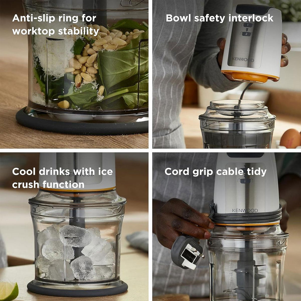 Kenwood Easy Chop Mini Chopper Food Processor Ice Crushing 2 Speeds Quad Blade System Anti-Slip Ring 500W 0.5L Bowl White