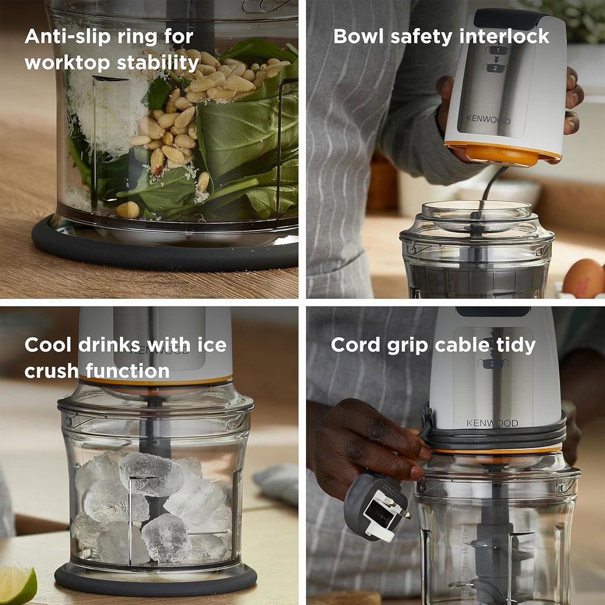 Kenwood Easy Chop Mini Chopper Food Processor Ice Crushing 2 Speeds Quad Blade System Anti-Slip Ring 500W 0.5L Bowl White
