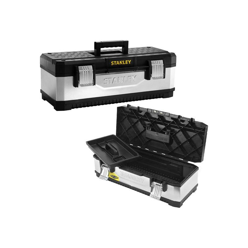 Stanley Galvanised Metal Toolbox Chest 26 Inch Heavy Duty Tool Box With Tote Tray Silver/Black