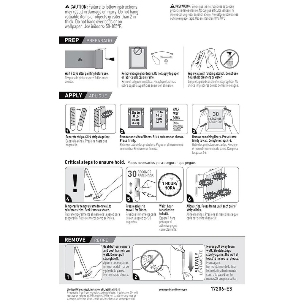 3M Command Large Picture Hanging Strips 4 Sets White Holds Up to 7.2 kg For Frames Up to 60 x 90 cm