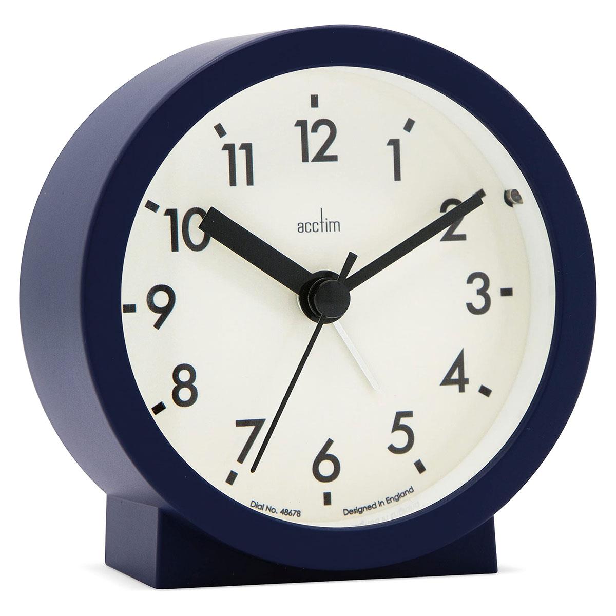 Acctim Gaby Small Analogue Alarm Clock Contemporary Round Quartz Bedside Clock Midnight Blue Battery Powered