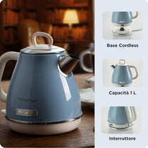 Ariete Vintage Retro Electric Jug Kettle 1 Litre 1600W Metal Cordless Jug With 360° Swivel Base Auto Shut-Off Blue