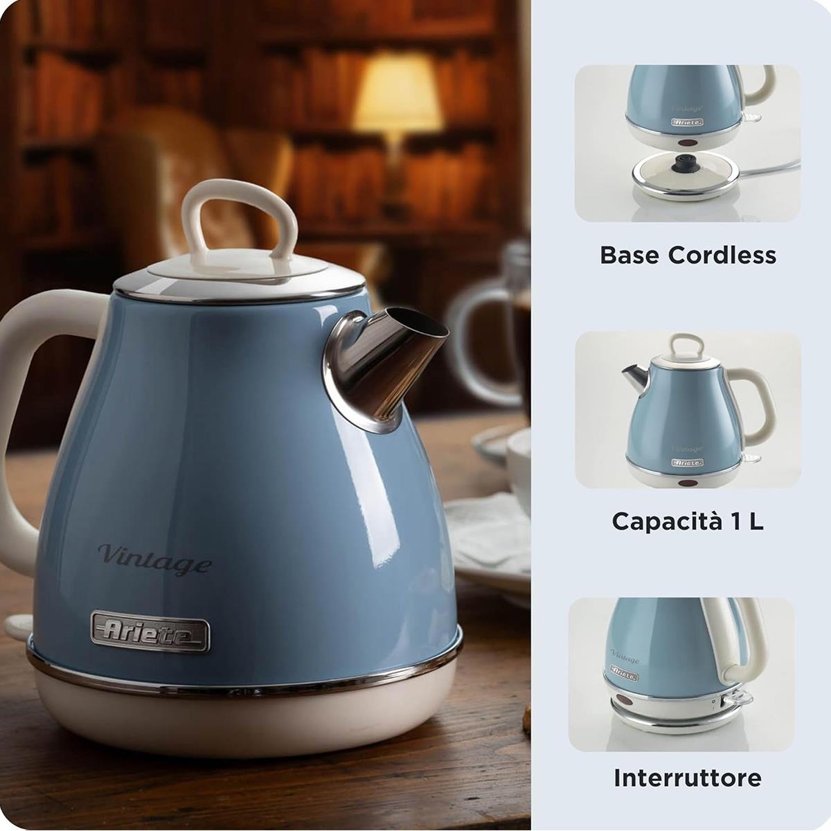 Ariete Vintage Retro Electric Jug Kettle 1 Litre 1600W Metal Cordless Jug With 360° Swivel Base Auto Shut-Off Blue