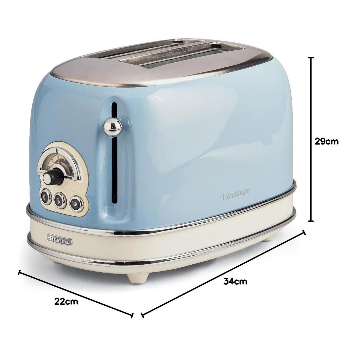 Ariete Vintage Blue 2-Slice Toaster 810W Metal Bread Toaster with 6 Browning Settings & Sandwich Tongs