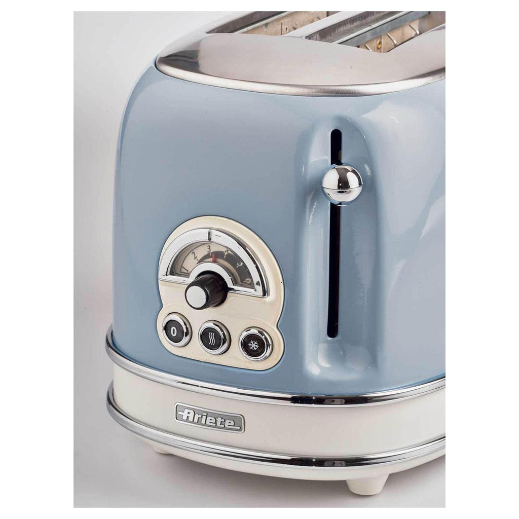 Ariete Vintage Blue 2-Slice Toaster 810W Metal Bread Toaster with 6 Browning Settings & Sandwich Tongs