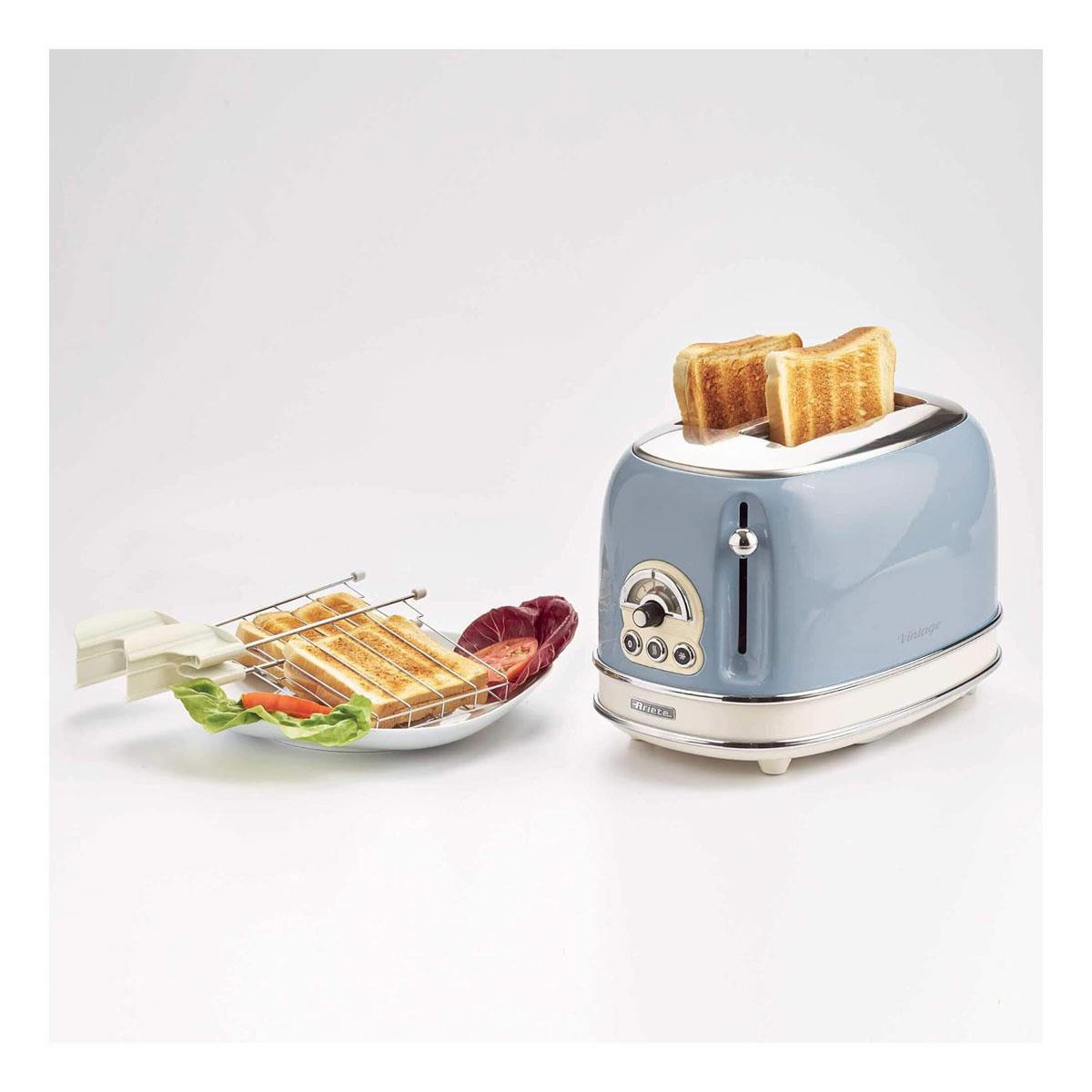 Ariete Vintage Blue 2-Slice Toaster 810W Metal Bread Toaster with 6 Browning Settings & Sandwich Tongs