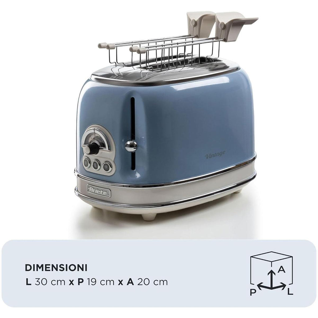 Ariete Vintage Blue 2-Slice Toaster 810W Metal Bread Toaster with 6 Browning Settings & Sandwich Tongs