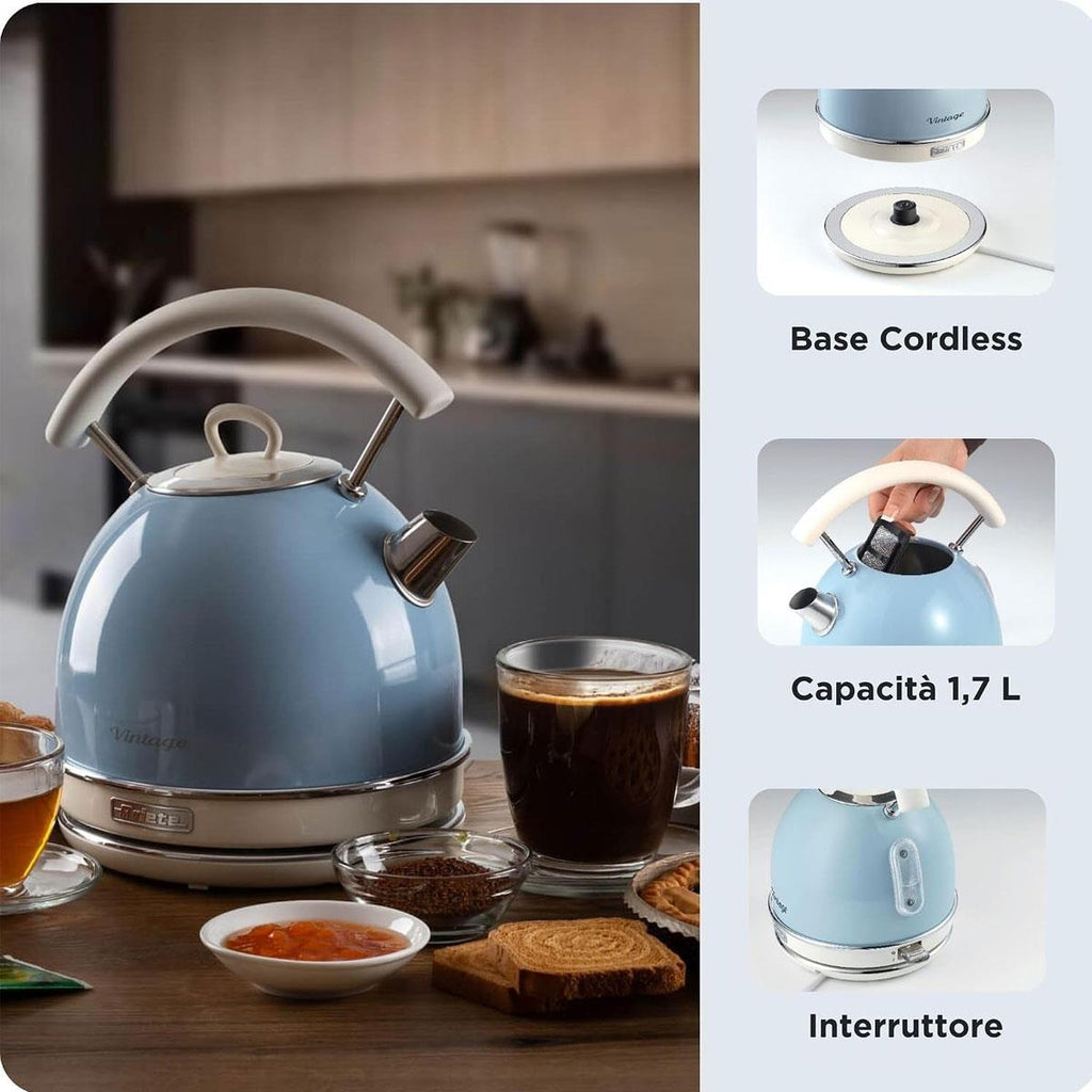 Ariete Cordless Electric Kettle Vintage Dome 1.7L 2000W Stainless Steel Glossy Blue