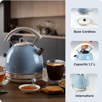 Ariete Cordless Electric Kettle Vintage Dome 1.7L 2000W Stainless Steel Glossy Blue