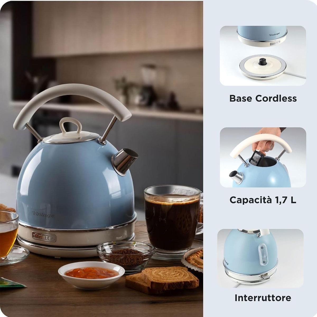 Ariete Cordless Electric Kettle Vintage Dome 1.7L 2000W Stainless Steel Glossy Blue