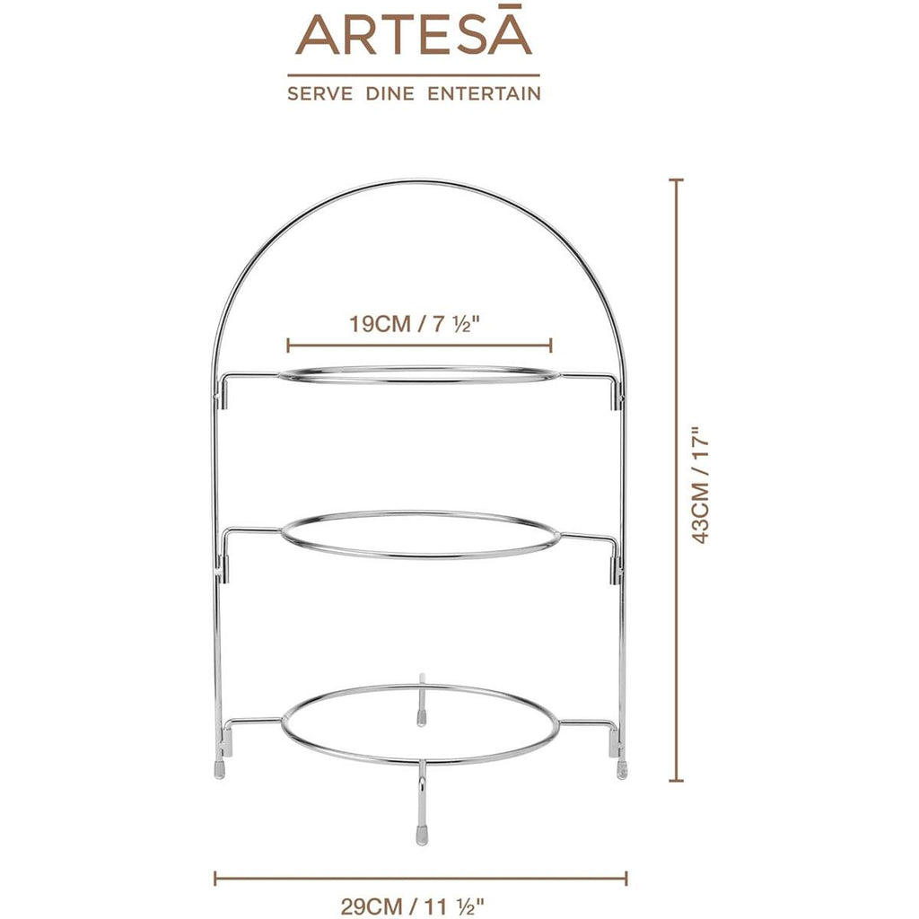 Artesa 3 Tier Afternoon Tea Cake Stand Silver Food Safe Metal Serving Display 29 x 19.5 x 43cm