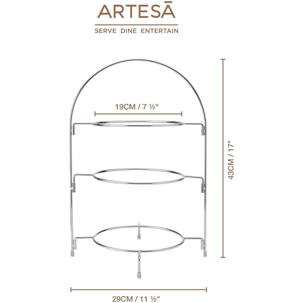 Artesa 3 Tier Afternoon Tea Cake Stand Silver Food Safe Metal Serving Display 29 x 19.5 x 43cm