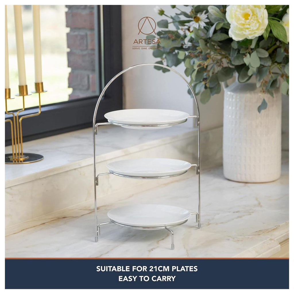 Artesa 3 Tier Afternoon Tea Cake Stand Silver Food Safe Metal Serving Display 29 x 19.5 x 43cm