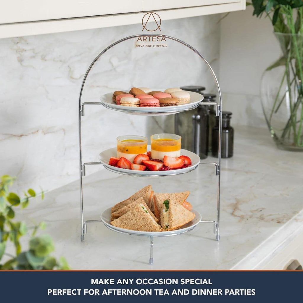 Artesa 3 Tier Afternoon Tea Cake Stand Silver Food Safe Metal Serving Display 29 x 19.5 x 43cm