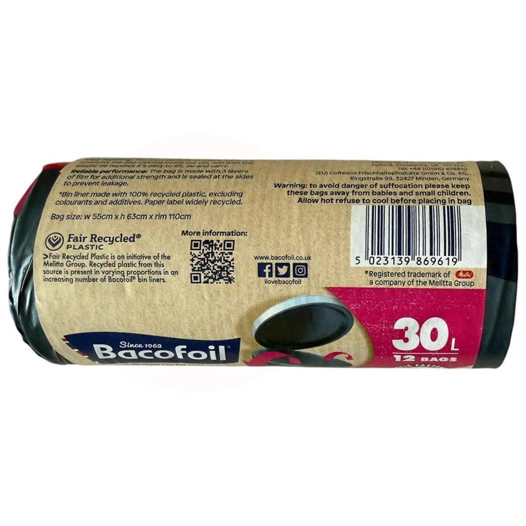Bacofoil Elasti-Fit Kitchen Bin Liners 30L Black 12 Bags Recycled Plastic Leak Resistant Bags