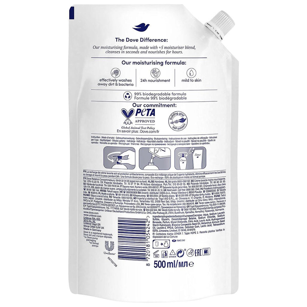 Dove Care & Protect Liquid Hand Soap Refill with ¼ Moisturiser Antibacterial Formula Oat Blossom 500ml