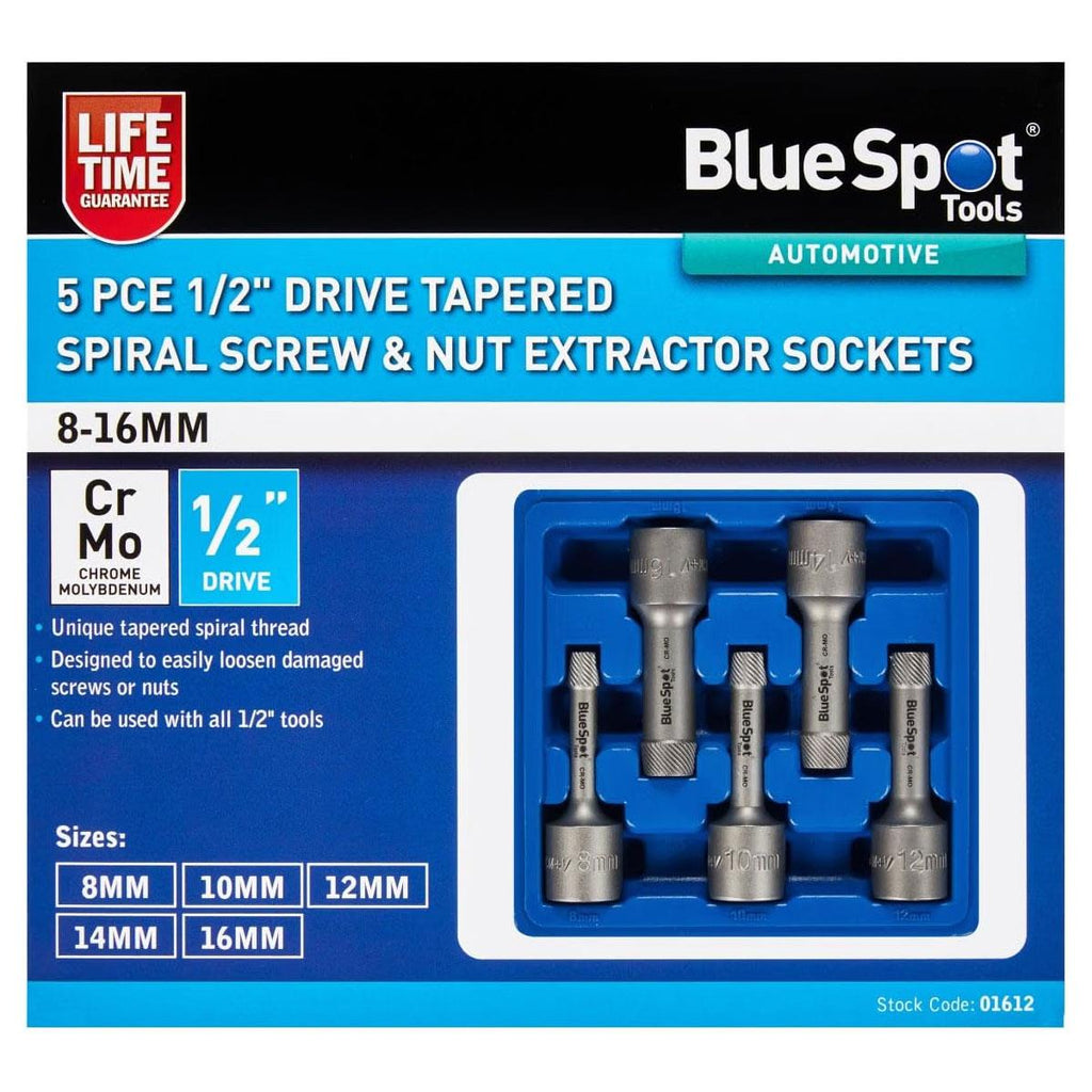 Blue Spot Tools 1/2 Inch Drive Tapered Spiral Screw & Nut Extractor Silver