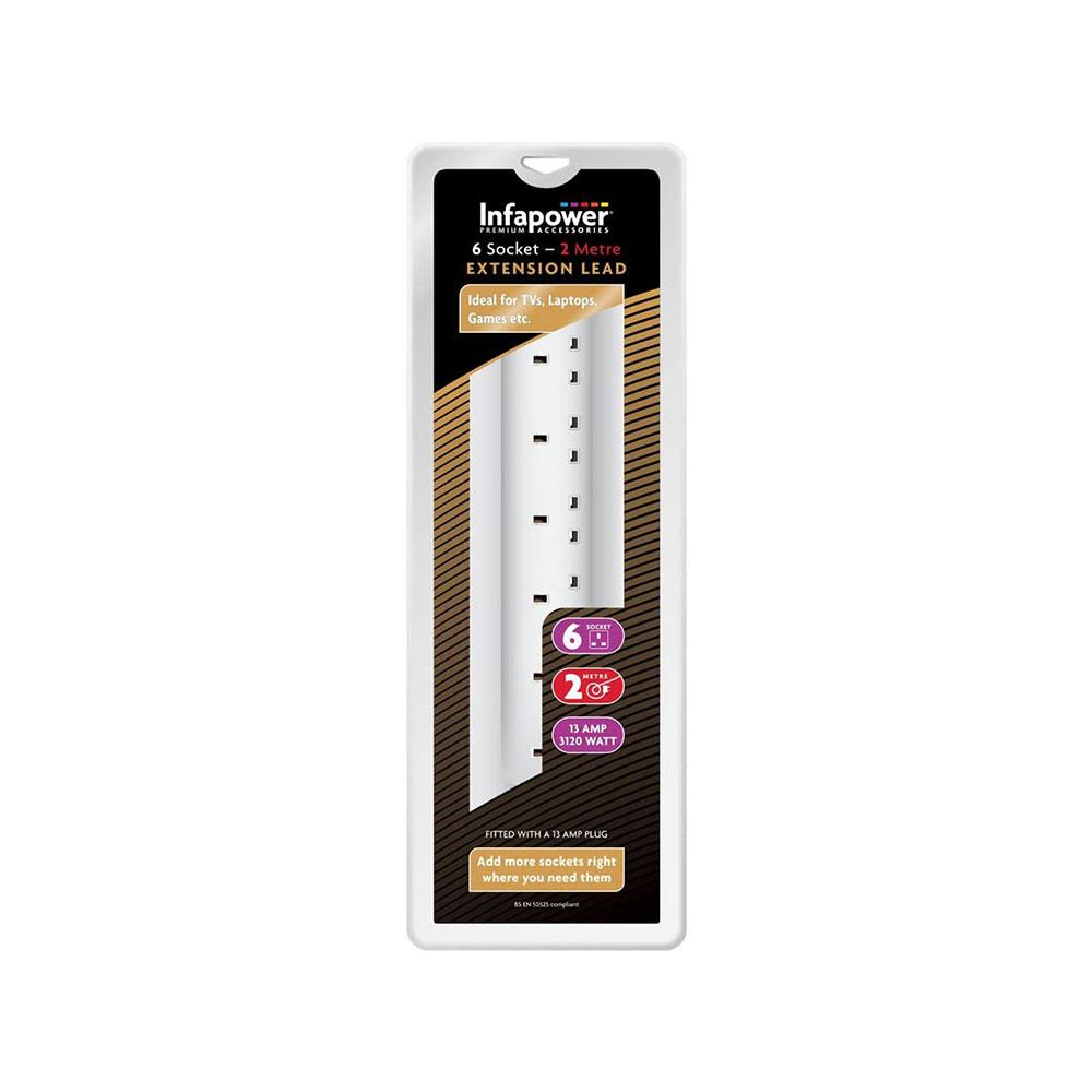 Infapower 6 Gang 2 Metre Extension Lead - White