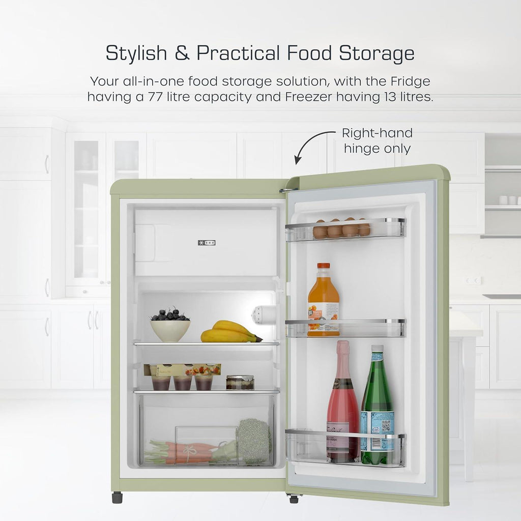 Swan Retro Under Counter Fridge Freezer 90L Green 77L Fridge 13L Freezer Glass Shelf Salad Drawer 3 Door Shelves