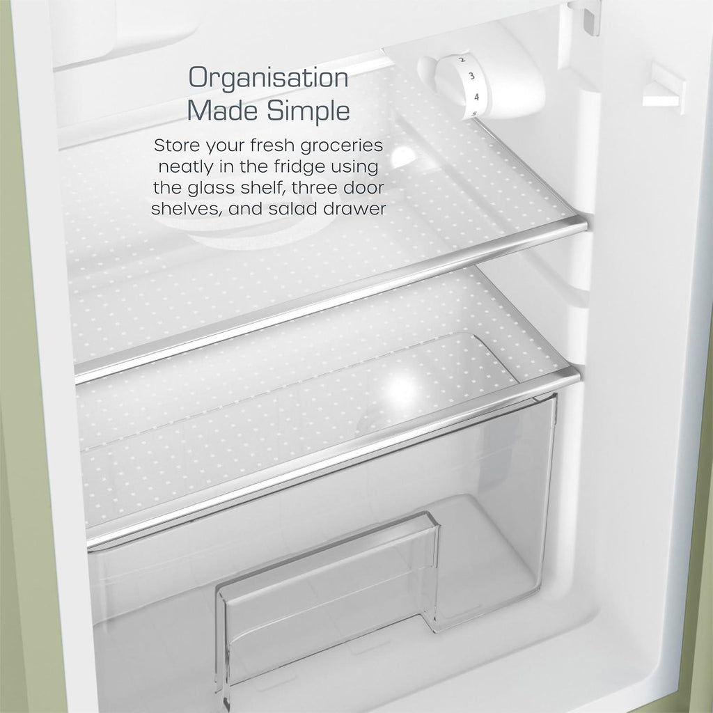 Swan Retro Under Counter Fridge Freezer 90L Green 77L Fridge 13L Freezer Glass Shelf Salad Drawer 3 Door Shelves
