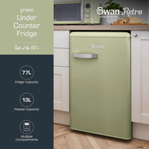 Swan Retro Under Counter Fridge Freezer 90L Green 77L Fridge 13L Freezer Glass Shelf Salad Drawer 3 Door Shelves