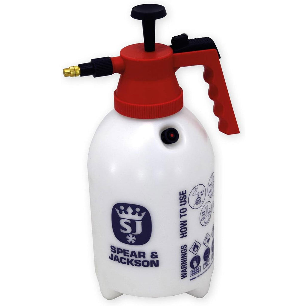 Spear & Jackson 2 Litre Pump Action Pressure Sprayer Adjustable Brass Nozzle Pressure Release Valve White and Red