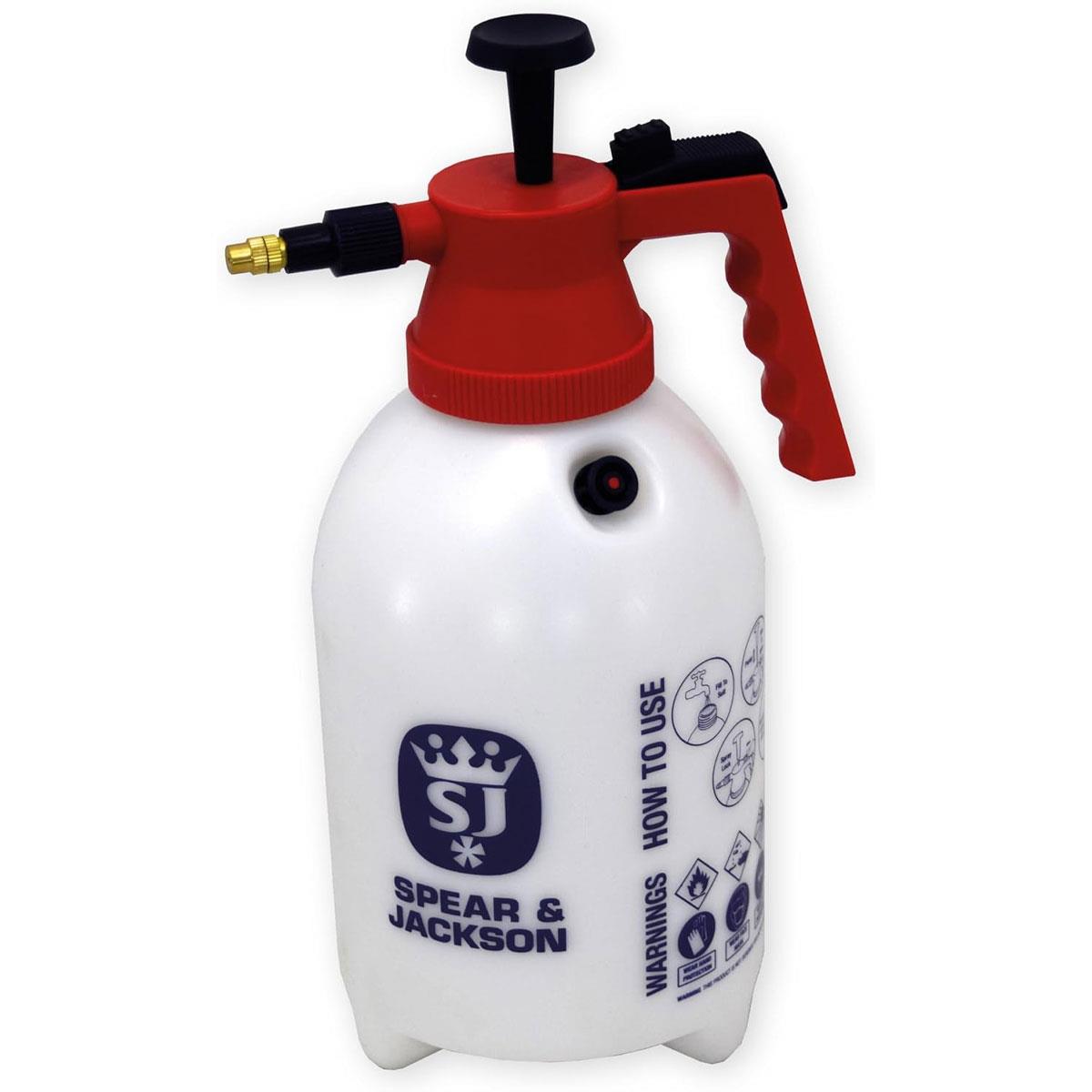 Spear & Jackson 2 Litre Pump Action Pressure Sprayer Adjustable Brass Nozzle Pressure Release Valve White and Red
