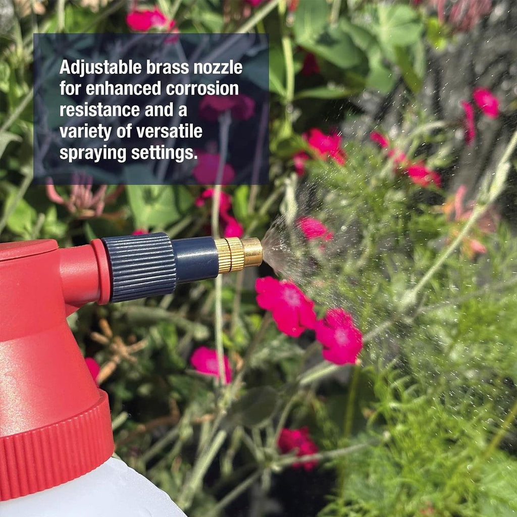 Spear & Jackson 2 Litre Pump Action Pressure Sprayer Adjustable Brass Nozzle Pressure Release Valve White and Red