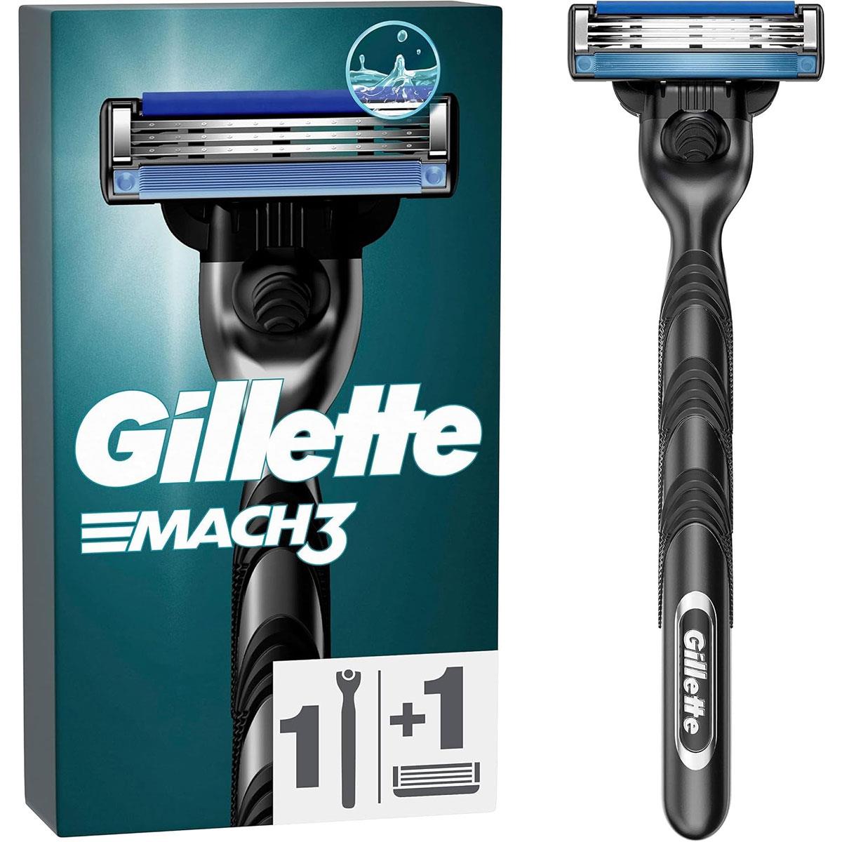 Gillette Mach3 Men's Manual Razor with 3-Blade Cartridge and Lubricating Strip 1 Handle 1 Blade Black