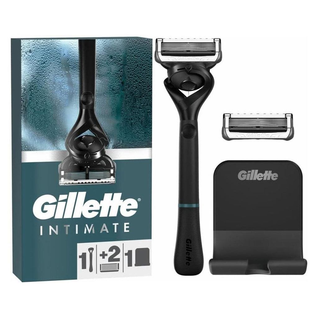 Gillette Intimate Men's Wet Razor 5-Blade Cartridge 2 Refills Shower Holder Black