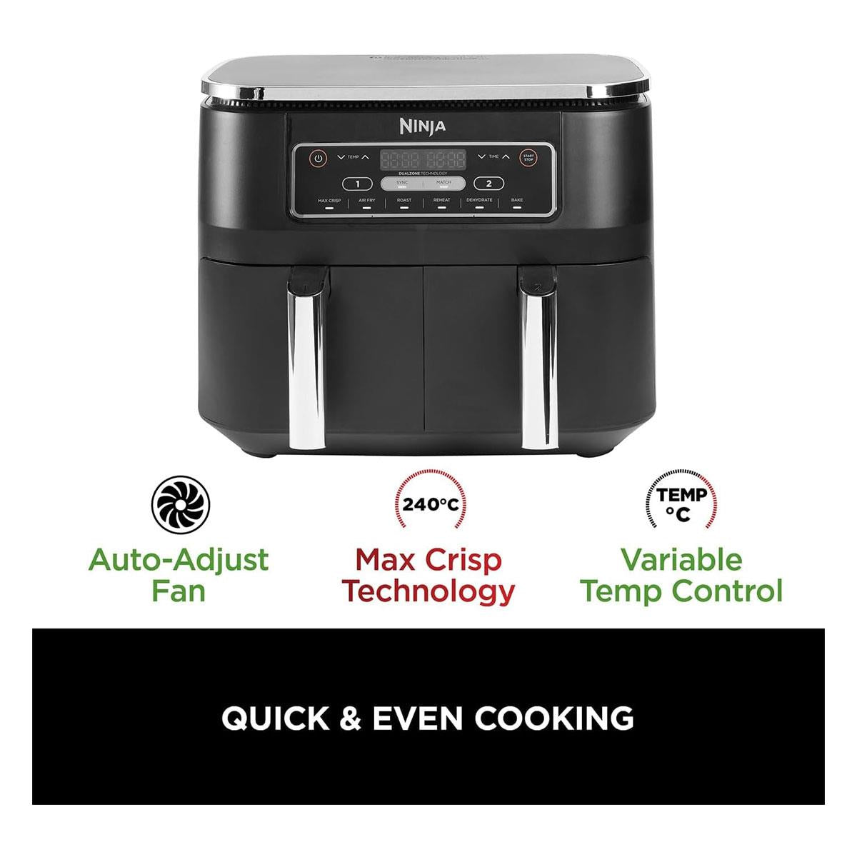 Ninja Foodi Dual Zone Air Fryer 7.6L 2400W 6 Cooking Functions 2 Drawers Black