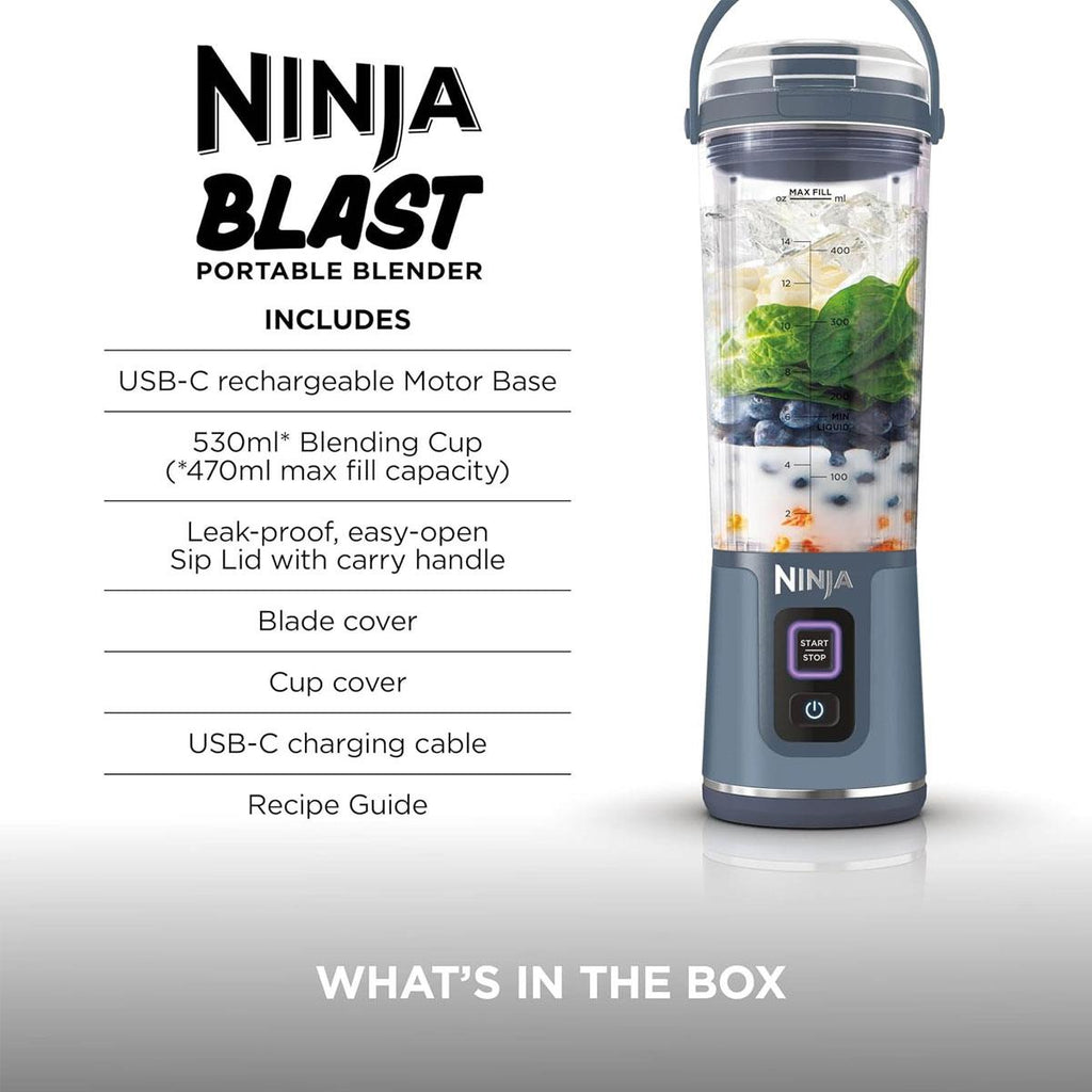 Ninja Blast Cordless Portable Blender Mini Rechargeable Personal Smoothie Maker 530ml USB-C Rechargeable Stainless Steel Blades Denim Blue