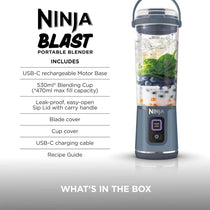 Ninja Blast Cordless Portable Blender Mini Rechargeable Personal Smoothie Maker 530ml USB-C Rechargeable Stainless Steel Blades Denim Blue
