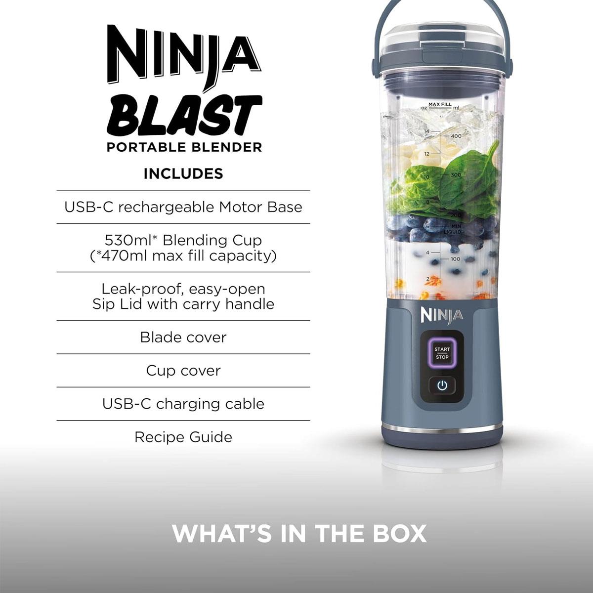 Ninja Blast Cordless Portable Blender Mini Rechargeable Personal Smoothie Maker 530ml USB-C Rechargeable Stainless Steel Blades Denim Blue